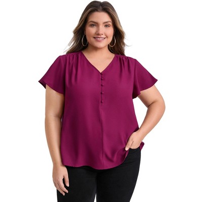 GRACE & GRANDEUR Women's Plus Size Pleated V Neck Button Decor Ruffle Sleeve Casual Loose Fit Blouses