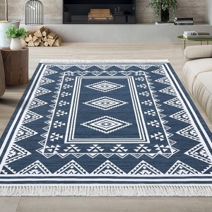 Indoor Tassel Area Rug for Bedroom Living Room - Washable Bordered Farmhouse Carpet, Non-Slip Soft Low Pile Stain-Resistant Mat - 1 of 4