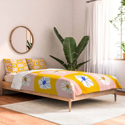Deny Designs Maritza Lisa White Checkered Flowers Comforter Set Yellow