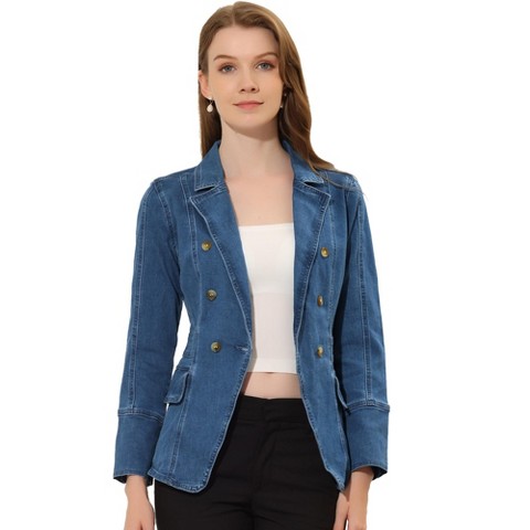 INSPIRE CHIC Women's Lapel Notch Collar Long Sleeve Denim Blazer Jackets Denim Blue X-Small
