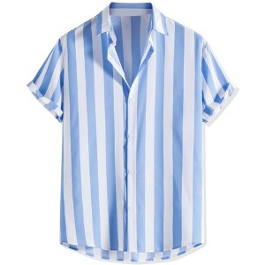Lars Amadeus Men's Stripe Short Sleeved Color Block Button Down Beach Shirt - 1 of 4