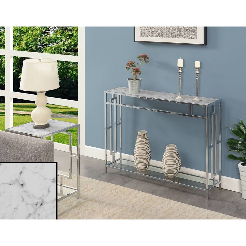 Town Square Chrome Console Table with Shelf White Faux Marble/Chrome Frame - Breighton Home, 3 of 8