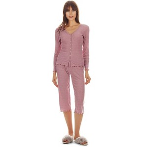 Memoi Women's Ruffled Lettuce Edge Rib Long Sleeve and Capri Set - 1 of 2