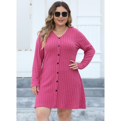 Women's Plus Size Dresses for Curvy Women Casual Ribbed Knit Dresses V-Neck Long Sleeve A-Line Dresses Button Pleated Solid Dresses