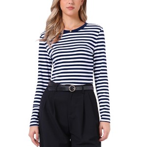 INSPIRE CHIC Women's Striped Long Sleeve Crew Neck Slim Fit Color Block T-Shirts - 1 of 4