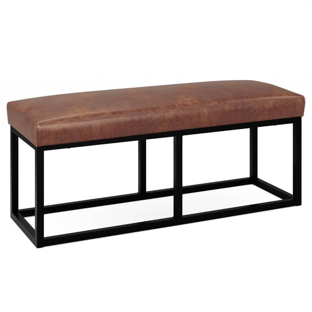 WyndenHall 44" Wide Kerwood Contemporary Rectangle Ottoman Bench Distressed Chestnut Brown: Faux Leather Upholstered, Metal Legs, Foam Padded