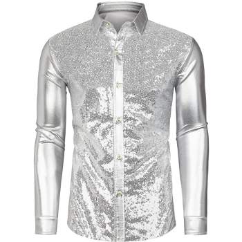 Lars Amadeus Men's Shiny Sequins Slim Fit Long Sleeves Button Down Disco Party Shirt