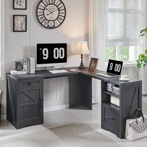 SinCiDo 59" L Shaped Desk with File Cabinet, Farmhouse Home Office Work Desk with Storage Cabinet & Charging Station, Study Writing Desk - 1 of 4