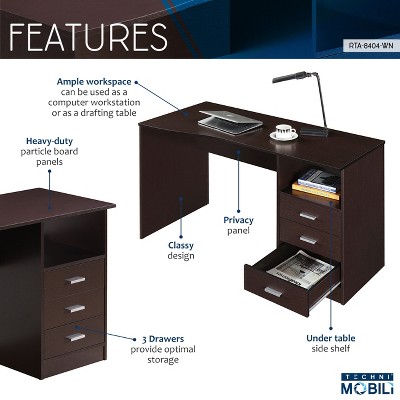 Espresso Gray 51" Wood Desk with 3 Drawers and Shelf