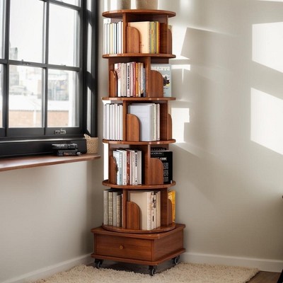 PDTEND 6-Tier Rotating Corner Bookshelf with Wheels for Small Spaces, Walnut Brown