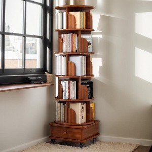 PDTEND 6-Tier Rotating Corner Bookshelf with Wheels for Small Spaces, Walnut Brown - 1 of 4