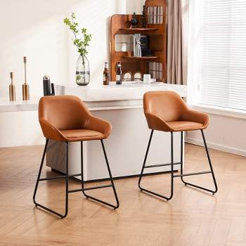 FERPIT 24" Bar Stools Modern PU Leather, Kitchen Counter Height Bar Stoolwith Back Set of 2, Brown