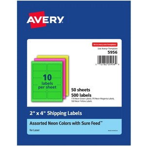 Avery 2"x 4" Neon Shipping Labels with Sure Feedfor Laser Printers, Assorted: Green, Pink, Yellow Labels, 500 Neon Labels (5956) - 1 of 4