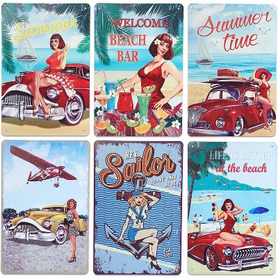 Okuna Outpost 6 Pack Vintage Metal Signs, Pinup Tropical Wall Decor (8 x 11.8 Inches)