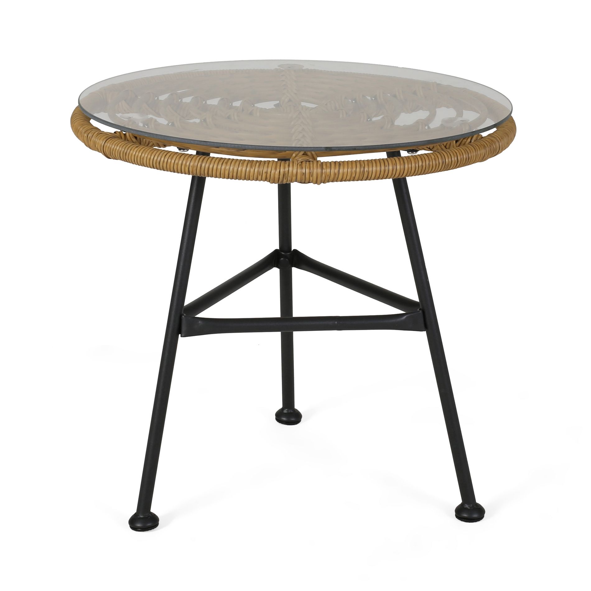 Outdoor Glass Top Faux Rattan Side Table, Round Patio Accent Table with Iron Frame for Balcony, Porch, Garden and Deck, Brown