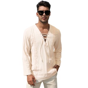 Clearlove Mens Linen Henley Shirts Lace Up Long Sleeve V Neck Casual Lightweight Cotton Hippie Shirts - 1 of 4