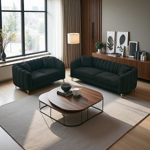 Oversized Chenille Luxury 3+2 Seater Tufted Sofa with Gold Legs & Throw Pillows - 1 of 4