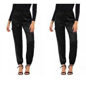 Allegra K Women's Drawstring Elastic High Waist Cargo Pocket Silky Satin Pants 2 Packs - 1 of 4