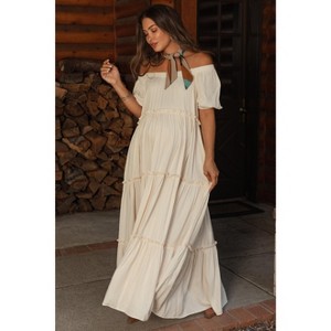 Pinkblush Cream Off Shoulder Ruffle Tiered Maternity Maxi Dress - 1 of 4