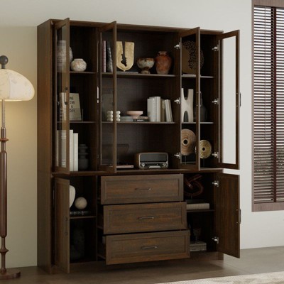 FUFU&GAGA Modern Minimalist 4 Glass Doors Display Cabinet,Multi-Storage Display Unit,Living Room Decor Storage,Home Office Bookcase with Drawers
