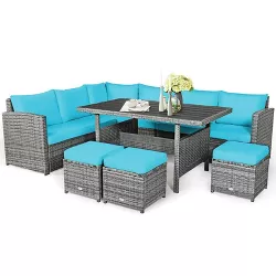 WELLFOR 7pc Steel Outdoor Dining Set with Ottomans Turquoise