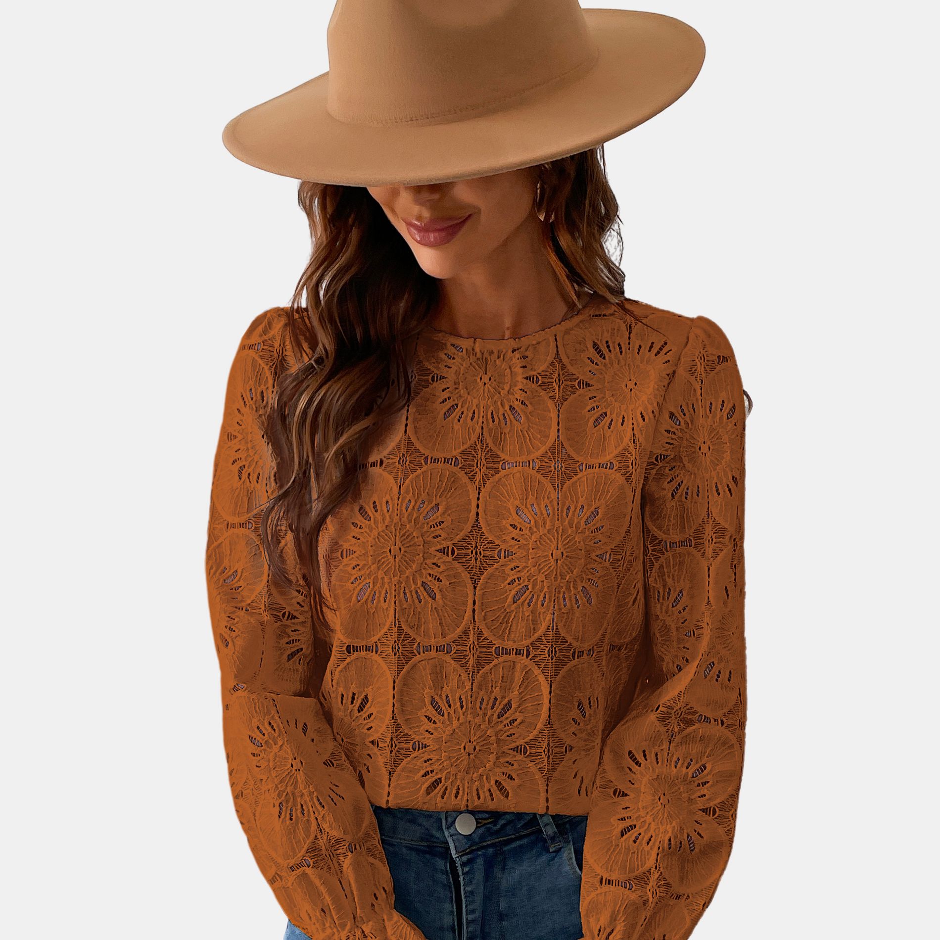 Cupshe Women's Long Sleeve Embroidered Floral Eyelet Blouse Shirt-M-Bronze
