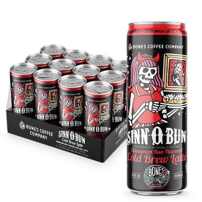 Bones Coffee Company Sinn 'O' Bunn Flavored Cold Brew Latte Cinnamon Bun Flavor, 11 Fl Oz Cold Brew Coffee, 12 Pack Canned Coffee
