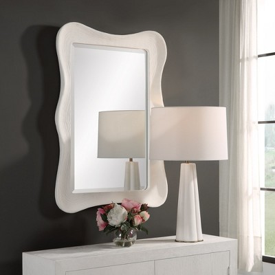 White Wavy Rectangular Coastal Wood Mirror