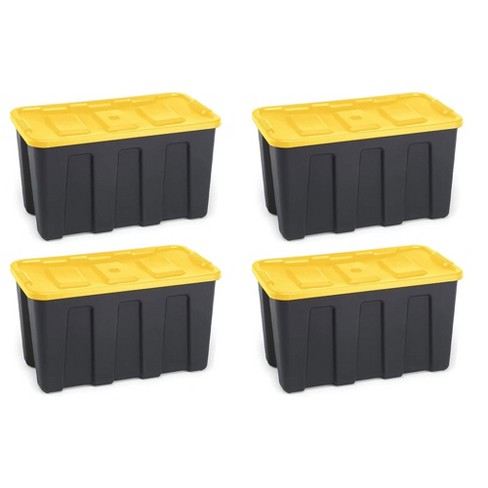 Homz 34-Gallon Durabilt Plastic Stackable Home Office Garage Storage  Organization Container Bin w/Lid and Handles, Black/Yellow (4 Pack)