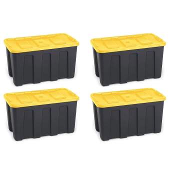 Homz 34-Gallon Durabilt Plastic Stackable Home Office Garage Storage Organization Container Bin w/Lid and Handles, Black/Yellow (4 Pack)