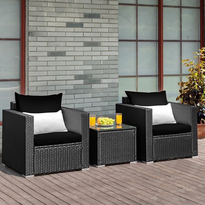 Costway 3PCS Patio Rattan Wicker Furniture Set Sofa Table W/Cushion Yard Red\Turquoise\ Navy\Black, 4 of 12