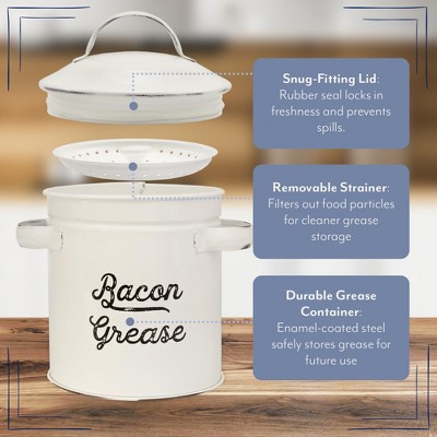 AuldHome Design White Bacon Grease Container, Enamelware Can w/ Strainer, Farmhouse Style Kitchen Storage — фото 3