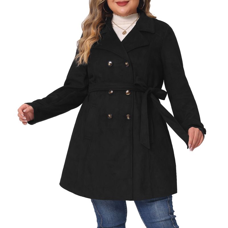 Agnes Orinda Women's Plus Size Faux Suede Notched Lapel Double Breasted Belt Trench Coats, 2 of 6