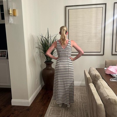 beige & white striped maxi dress product info and reviews SLOANE MAXI DRESS