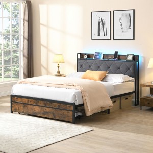 NicBex Bed Frame with Storage,Metal Bed Frame with LED Lights,Upholstered Headboard,2 Drawers,Charging Station,Bedframe No Box Spring Needed,Gray - 1 of 4