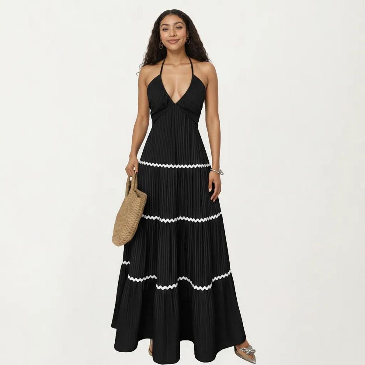 Anna-Kaci Women's Halter Neck Maxi Dress with Pleated Skirt and Tiered Trim Detail - thumbnail 2
