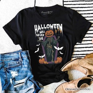 Halloween Will Never Die T-Shirt, Vintage Pumpkin Coffin Skeleton Tee| OrnamentallyYou - 1 of 4
