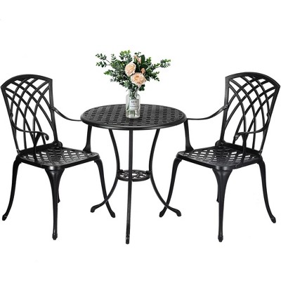 homfan Patio Bistro Sets Cast Aluminum Bistro Set - 3-Piece Outdoor Dining Set with Umbrella Hole Decorative Rose Design for Balcony