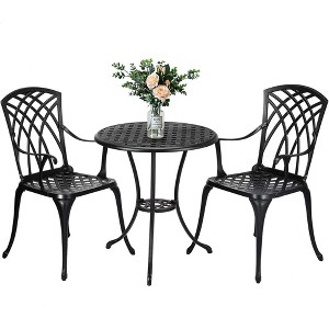 homfan Patio Bistro Sets Cast Aluminum Bistro Set - 3-Piece Outdoor Dining Set with Umbrella Hole Decorative Rose Design for Balcony - 1 of 4