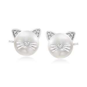 Ross-Simons 8-8.5mm Cultured Pearl Cat Earrings With Diamonds in Sterling Silver - 1 of 4