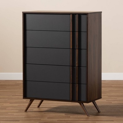 Retro Naoki 5-Drawer Chest in Two-Tone Gray and Walnut