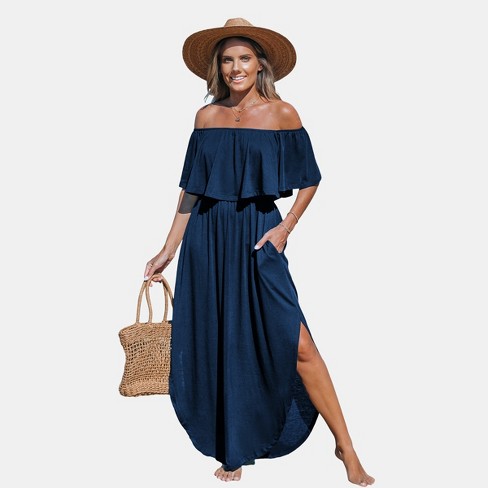 Navy blue off shoulder maxi dress hotsell