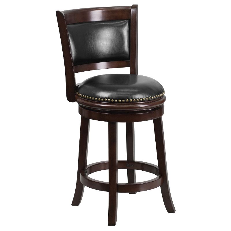 Merrick Lane 24" Wooden Counter Height Stool with Black Faux Leather Upholstered Panel Back & Swivel Seat with Nail Trim, Cappuccino, 1 of 8
