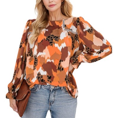 Amaryllis Women's Long Sleeve Abstract Print Blouse with Round Neck Ruffled Cuffs Relaxed Fit Statement Top