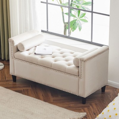 Storage Bench,44.5-Inch Queen Velvet Button Bedside Bench,Entryway Living Room with Armrests,Nailhead Trim Upholstered Bedroom Bench-Cuddlewood
