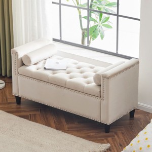 Storage Bench,44.5-Inch Queen Velvet Button Bedside Bench,Entryway Living Room with Armrests,Nailhead Trim Upholstered Bedroom Bench-Cuddlewood - 1 of 4