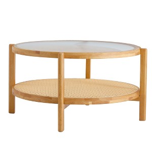 FURNIinspire Coffee Tables Circular 2 Layer Solid Wood with Craft Glass Top and PE Rattan Second Layer for Living Room, Beige, 34.64"*34.64"*17.71" - 1 of 4