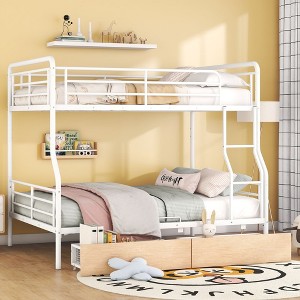 Okak Full XL Over Queen Metal Bunk Bed with 2 Drawers Loft Bunk Bed with Ladder for Kids Teens, Easy Assemble, White - 1 of 4
