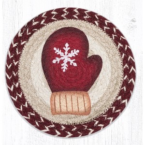 Earth Rugs Red Mitten Round Trivet – 10"x10" Braided Natural Fiber Holiday Hot Pad with Festive Winter Print - 1 of 3