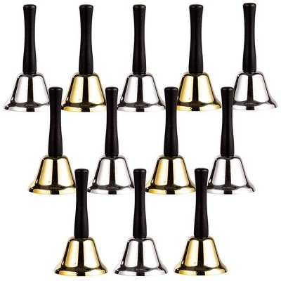 Juvale 12-Pack Set Silver and Gold Steel Service Handbells with Black Wooden Handles for Schools, Dinner Calling, Seniors, Decor, 5 Inches